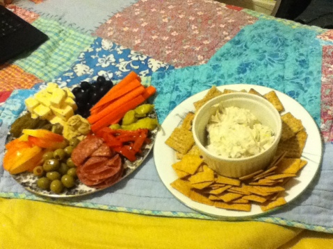 I spy apples, crackers, and homemade caramelized onion dip.